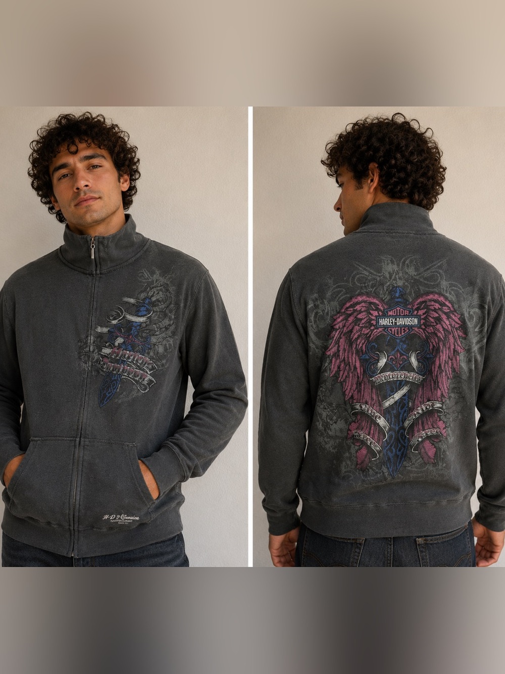 Harley-Davidson Black Zip-Up Jacket with Pink Wing Graphic